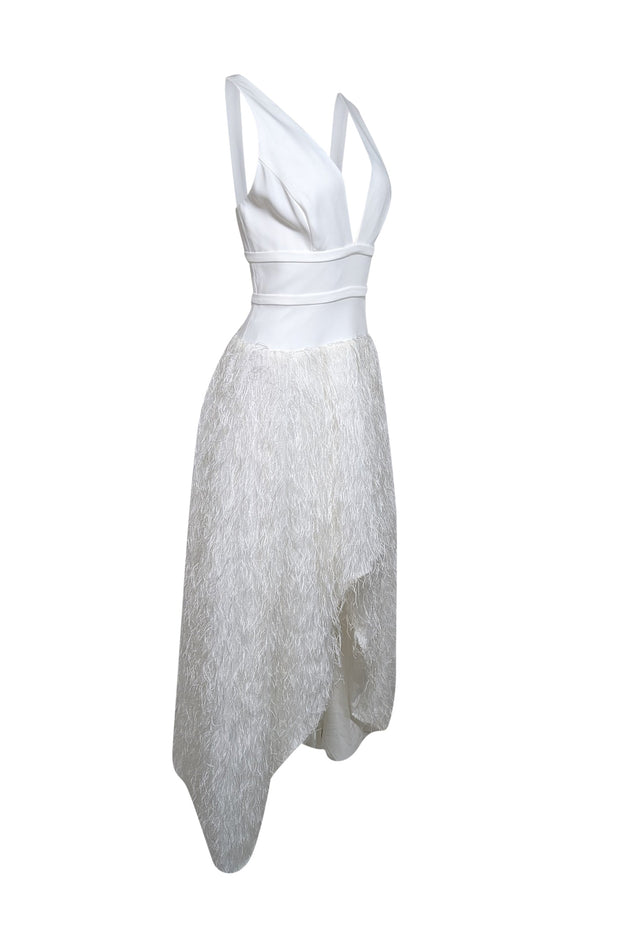 Current Boutique-BCBG Max Azria - White Sleeveless w/ Metallic Fringe High Low Formal Dress Sz 8