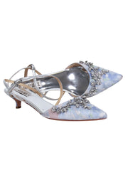 Current Boutique-Badgley Mischka - Blue Brocade Floral Pointed Toe Strappy Pump w/ Jewel Trim Sz 8