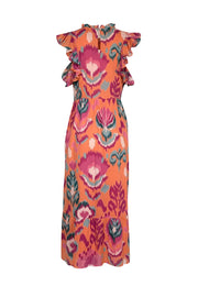 Current Boutique-Banjanan - Orange, Magenta & Teal Ikat Print Midi Dress Sz L