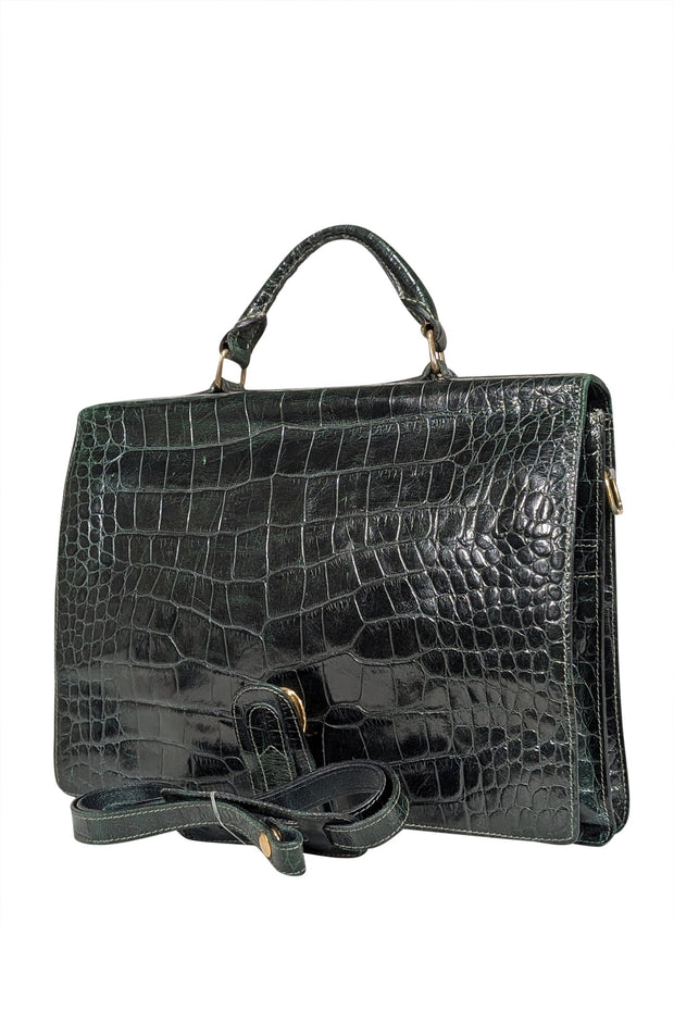 Current Boutique-Barantani - Green Croc Embossed Crossbody Briefcase