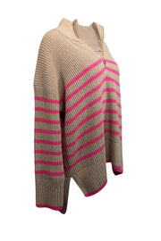 Current Boutique-Barbour - Tan & Pink Knit Quarter Zip Sweater Sz 12