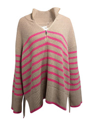 Current Boutique-Barbour - Tan & Pink Knit Quarter Zip Sweater Sz 12