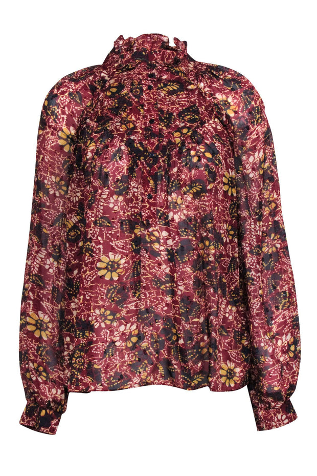 Current Boutique-Ba&sh - Red Floral Print Mock Neck Semi-Sheer Blouse Sz M