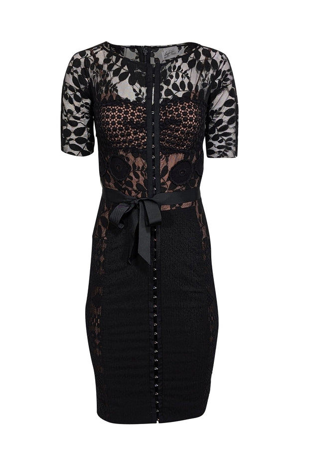 Current Boutique-Beguile by Byron Lars - Black Lace Short Sleeve Sheath Dress Sz S