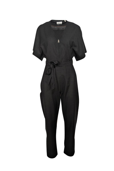 Current Boutique-Billy Reid - Black Silk Short Sleeve Belted Jumpsuit Sz S