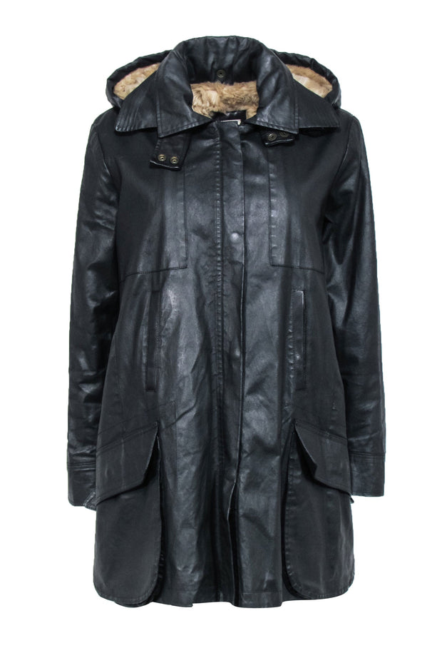 Current Boutique-Billy Reid - Black Waxed Fabric Hooded Coat Sz L