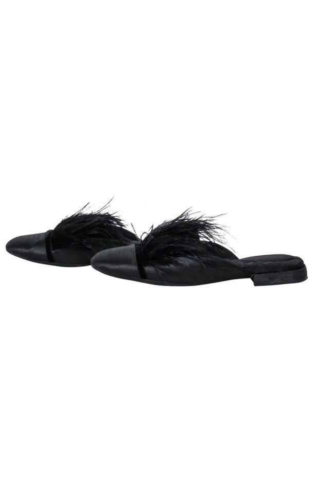 Current Boutique-Birdie - Black Flat Mule Shoes w/ Feather Trim Sz 6