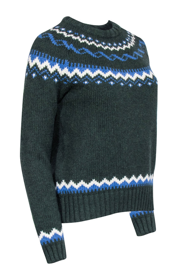 Current Boutique-Birds of Paradis - Dark Green w/ Blue & White Fair Isle Crewneck Sweater Sz XS