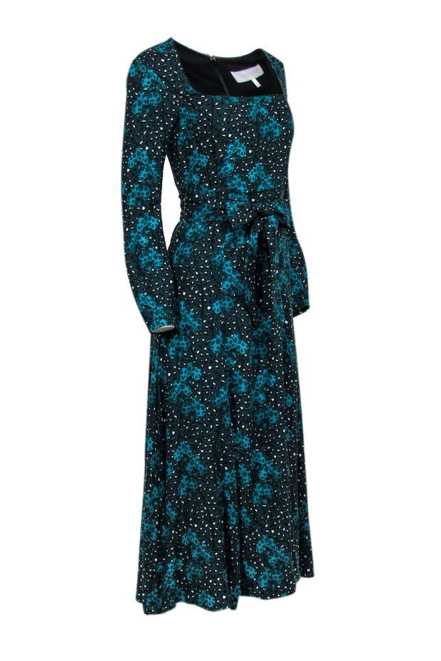 Current Boutique-Borgo De Nor - Blue Animal Print Long Sleeve Midi Dress w/ Waist Tie Sz 4