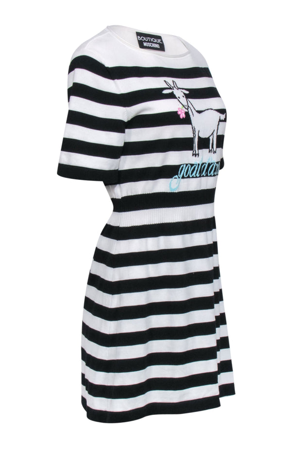 Current Boutique-Boutique Moschino - Black & White Stripe Intarsia-Knit Goat Motif Dress Sz 8