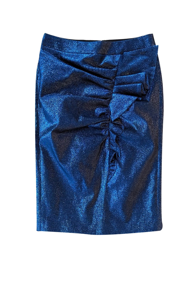 Current Boutique-Boutique Moschino - Blue Metallic Ruched Pencil Skirt Sz 6