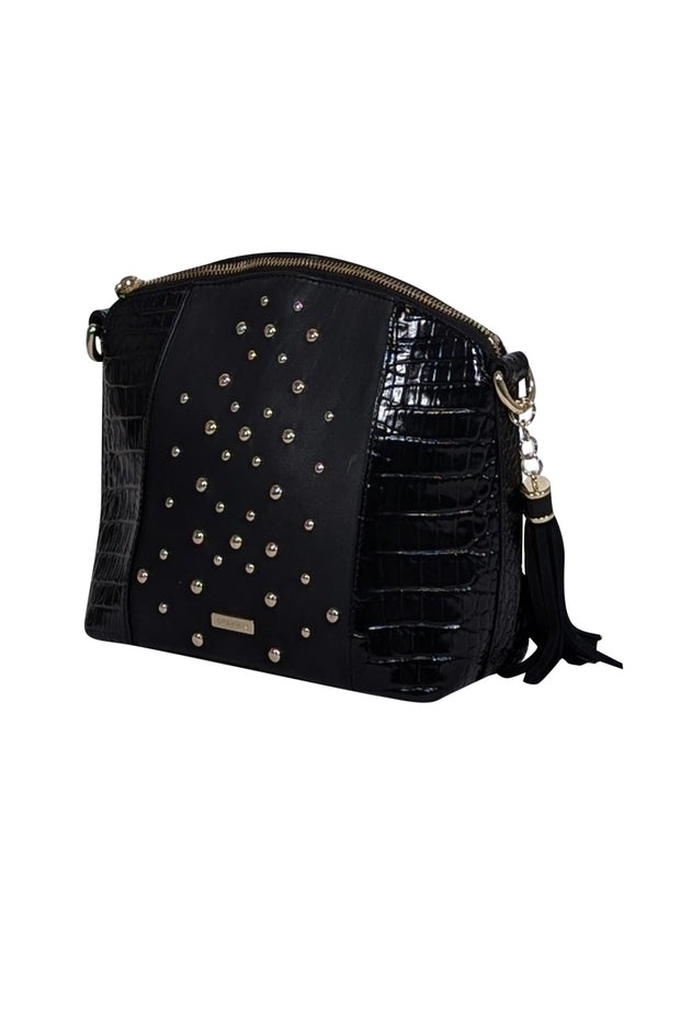 Current Boutique-Brahmin - Black Croc Embossed Sides w/ Gold Studded Front Detail Shoulder Bag