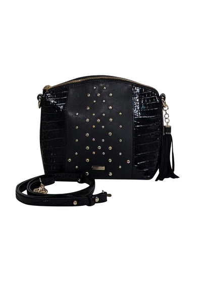 Current Boutique-Brahmin - Black Croc Embossed Sides w/ Gold Studded Front Detail Shoulder Bag