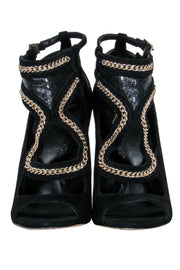 Current Boutique-Brian Atwood - Black Suede Strappy Peep Toe Heels w/ Gold Chain Detail Sz 5.5