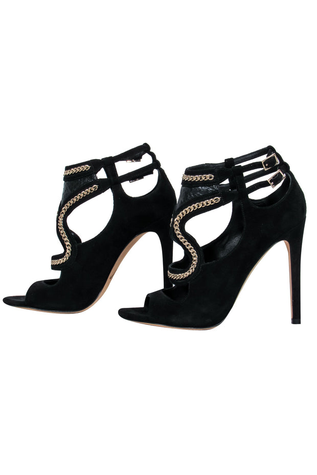 Current Boutique-Brian Atwood - Black Suede Strappy Peep Toe Heels w/ Gold Chain Detail Sz 5.5