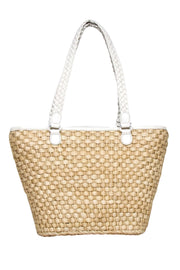 Current Boutique-Brighton - Beige Straw Tote Bag w/ Leather Flowers