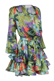 Current Boutique-Bronx & Banco - Green w/ Multi Color Tropical Print Ruffled Hem Mini Dress Sz 4