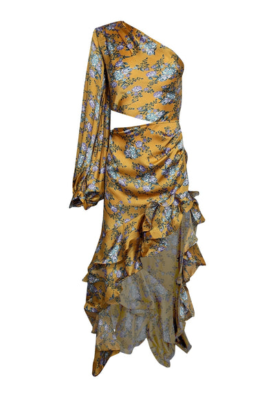 Current Boutique-Bronx & Banco - Yellow w/ Purple & Blue Floral Print One Shoulder Formal Dress Sz XS