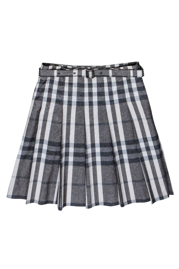 Current Boutique-Burberry - Beige, Grey, & Black Metallic Plaid Pleated Skirt Sz 2