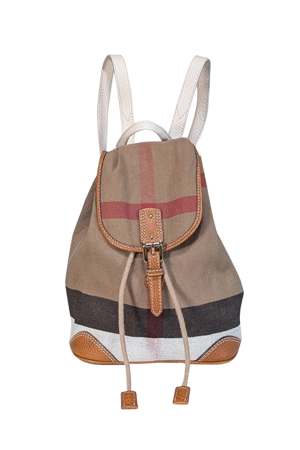 Current Boutique-Burberry - Beige Signature Plaid Woven Canvas Drawstring Mini Backpack