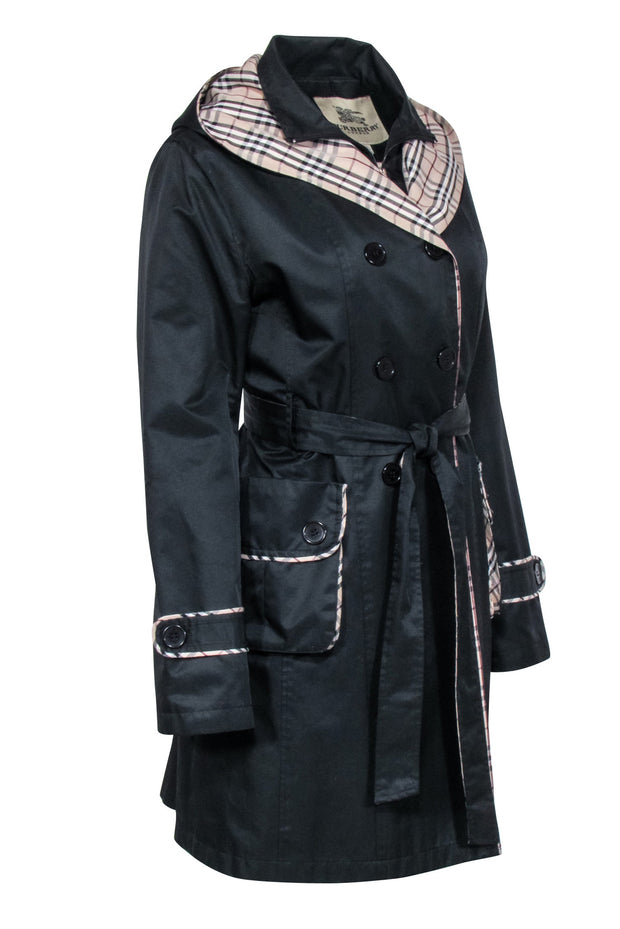 Current Boutique-Burberry - Black Belted Trench Coat w/ Signature Plaid Trim & Hood Sz XXL