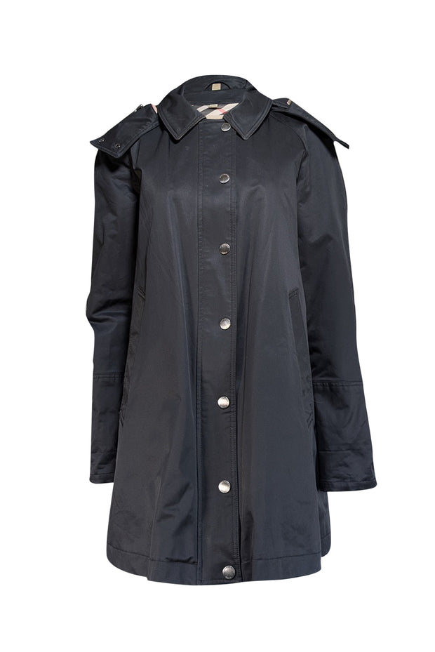 Current Boutique-Burberry - Black Button Front Hooded Trench Coat Sz 14