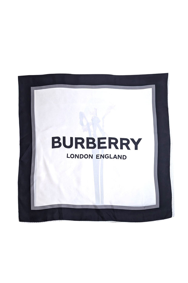 Current Boutique-Burberry - Ivory Silk Scarf w/ Logo Font & Horse Face Print Scarf