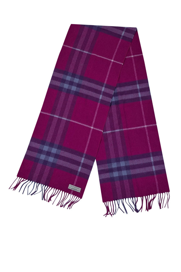 Current Boutique-Burberry - Pink & Purple Plaid Fringe Hem Cashmere Scarf