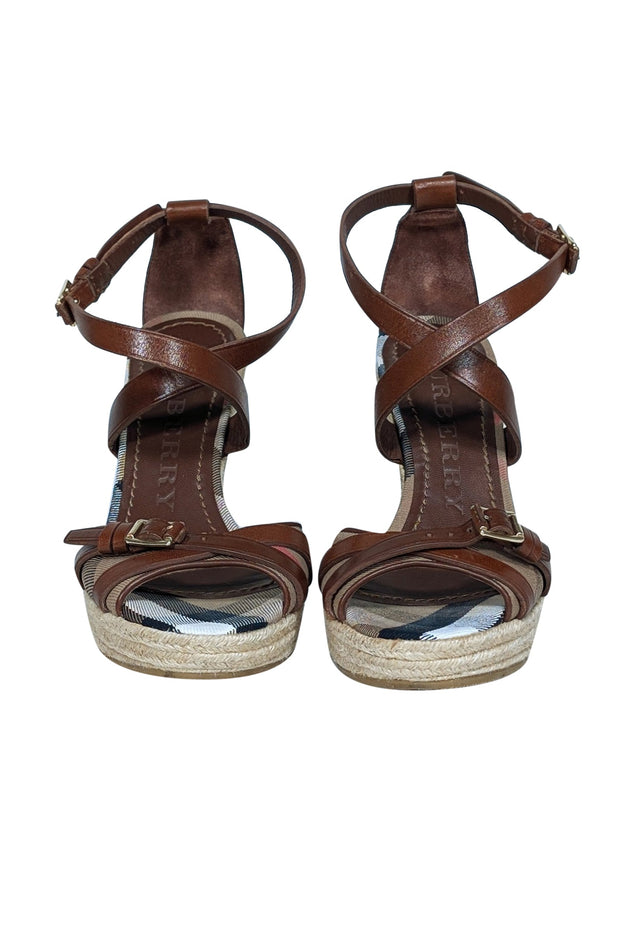 Current Boutique-Burberry - Tan Signature Plaid Peep Toe Buckle Trim Wedges Sz 9.5