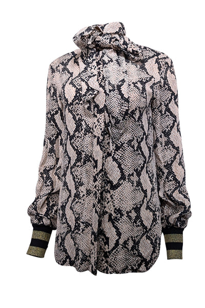 Current Boutique-By Malene Birger - Beige & Black Snakeskin Print Long Sleeve Top Sz 4