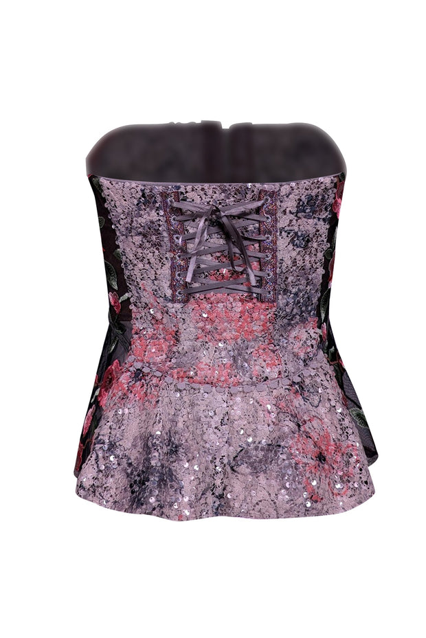 Current Boutique-Byron Lans - Black, Beige, & Pink Sequin Embellished Bustier Top Sz 2