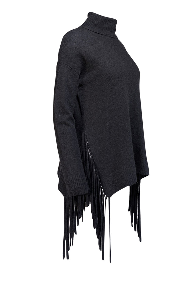 Current Boutique-C By Bloomingdale's - Black Cashmere Turtleneck Sweater w/ Fringe Sz S