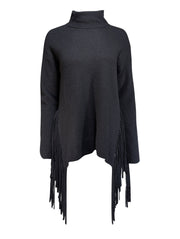 Current Boutique-C By Bloomingdale's - Black Cashmere Turtleneck Sweater w/ Fringe Sz S