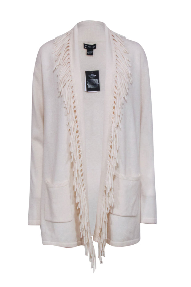 Current Boutique-C By Bloomingdale's Cashmere - Cream Cashmere Fringe Trim Cardigan Sz L