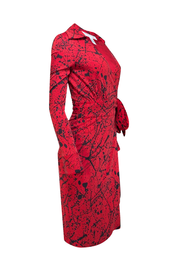 Diane von Furstenberg - Red & Black Splatter Print Silk Wrap Dress Sz 10