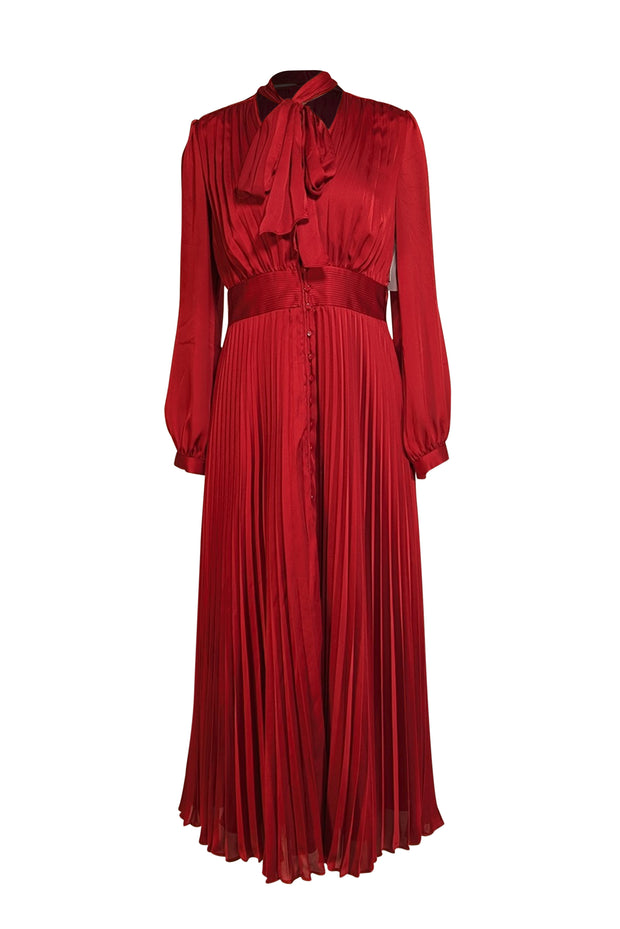 Equipment - Red Pleated Satin Long Sleeve Midi Dress Sz 6