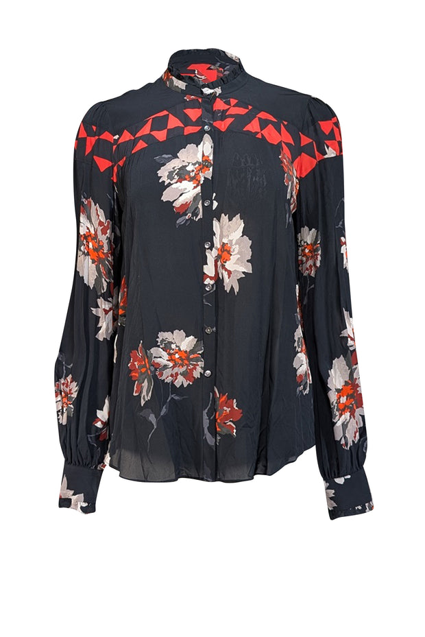 Joie - Black w/ Taupe & Red Floral Print Blouse Sz S