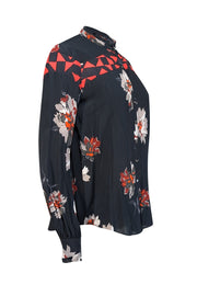 Joie - Black w/ Taupe & Red Floral Print Blouse Sz S