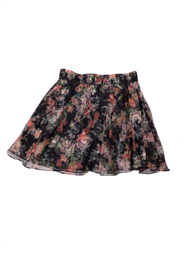 Alice & Olivia - Black w/ Peach & Green Floral Print Silk Skirt Sz 4