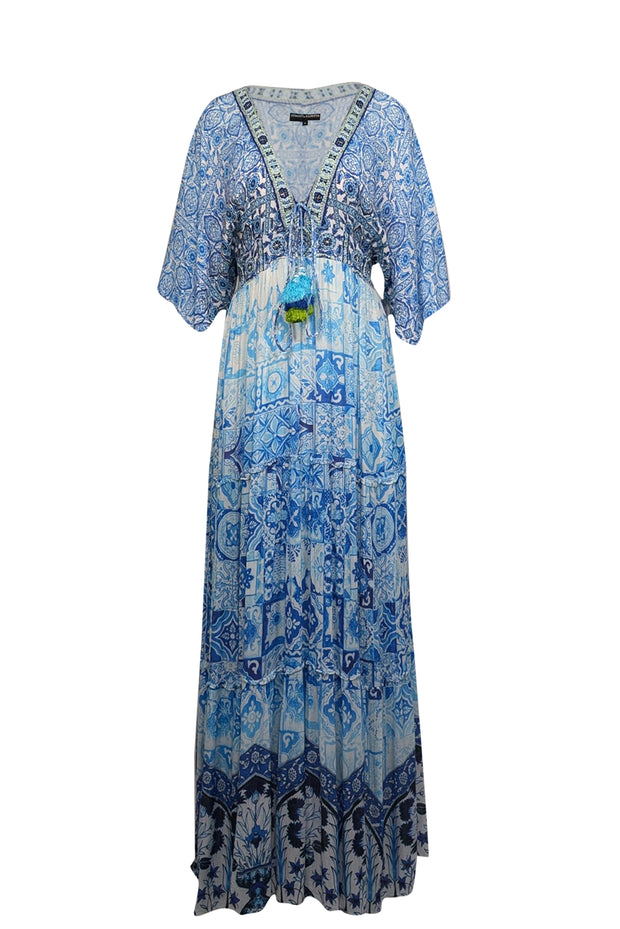 Hemant & Nandita - Blue & White Paisley Print Shirred Maxi Dress Sz M