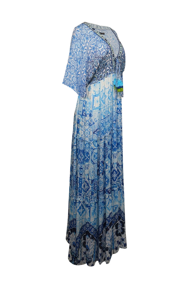 Hemant & Nandita - Blue & White Paisley Print Shirred Maxi Dress Sz M