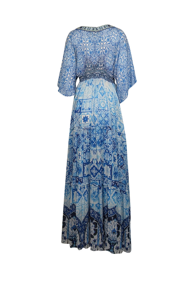 Hemant & Nandita - Blue & White Paisley Print Shirred Maxi Dress Sz M