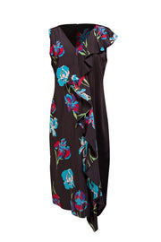 Diane von Furstenberg - Black w/ Multicolor Floral Print Silk Dress w/ Ruffled Accent Sz 12