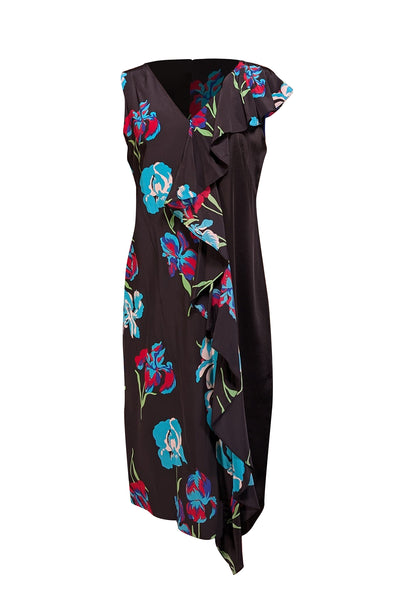 Diane von Furstenberg - Black w/ Multicolor Floral Print Silk Dress w/ Ruffled Accent Sz 12