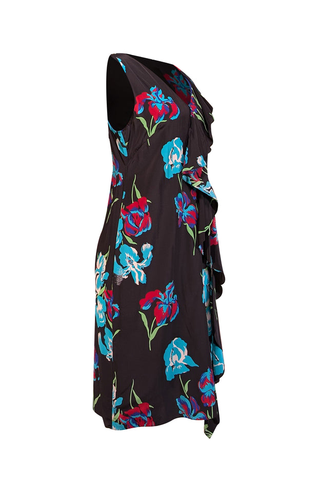 Diane von Furstenberg - Black w/ Multicolor Floral Print Silk Dress w/ Ruffled Accent Sz 12