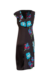 Diane von Furstenberg - Black w/ Multicolor Floral Print Silk Dress w/ Ruffled Accent Sz 12