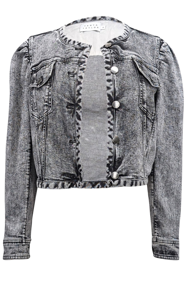 Tanya Taylor - Dark Grey & Black Acid Washed Cropped Jean Jacket Sz M