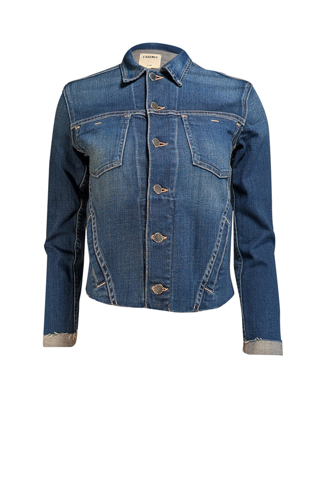 L'Agence - Dark Blue Slim Denim Jacket w/ Raw Hem Sz XS