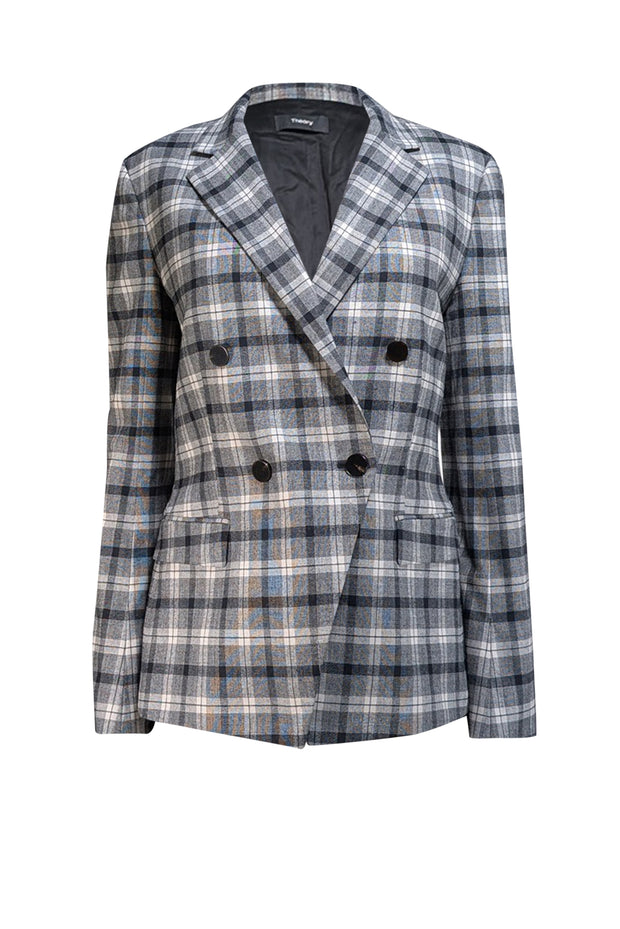 Theory - Grey, Black, & White Plaid Wool Blazer Sz 10