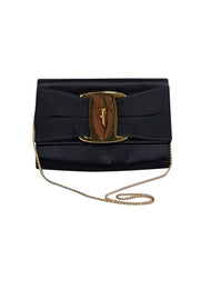 Current Boutique-Ferragamo - Black Satin Bow Front Clutch w/ Thin Gold Chain Strap